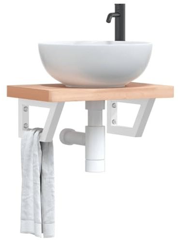 Mhdvray Waschtischplatte Wandmontage 50 x 35 x 4 cm Massivholz Buche & Stahlgestell Modernes Design Robust und Langlebig für Bad Gäste-WC und Gästebad