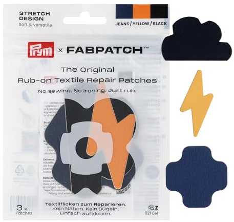 Prym 921014 FabPatch STRETCH Design Rub-on Patch Blitz, Wolke (3 Stück) – Selbstklebende bi-elastische Design-Reparaturflicken für Sportbekleidung, Leggings, Jacken & Sneaker – Ohne Nähen & Bügeln