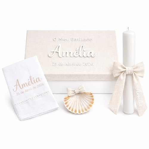 Kit de Bautizo Personalizado – Vela de Bautizo + Toalla de Lino + Concha Bautismal – Caja de Lino con Nombre y Fecha – Regalo Bautizo Set de Bautizo para Niño o Niña