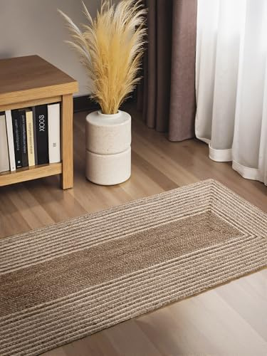 Hanse Home Juno Line Juteteppich - Natur Wohnzimmerteppich, 100% Jute, Handgewebt, Robust & Pflegeleicht, Modern, Boho Natürlicher Teppich für Wohnzimmer, Schlafzimmer - Natur Weiß Braun, 80x200cm
