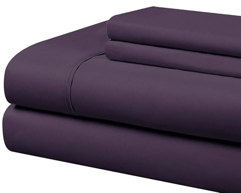 Cathay Home Essentials Ultra Soft Hypoallergenic Wrinkle Resistant Double Brushed Microfiber Bedding Sheet Set, Eggplant, Twin
