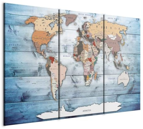 B&D XXL - Wandbilder XXL 135x90 cm Vlies Leinwandbild 3 Teilig Kunstdruck modern Wandbilder XXL Wanddekoration Design Wand Bild - Weltkarte Kontinent Holz Landkarte Karte k-C-0035-b-h