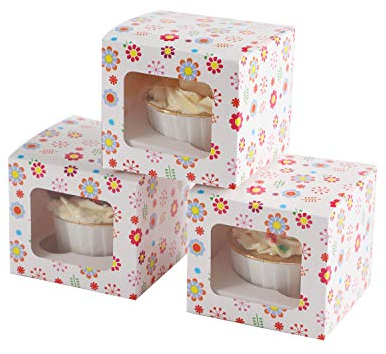 Komonee 12 x Cupcake Boxes Individual Pattern Single Fairy Cup Cake With Clear Window Cardboard Packaging Box Baking Kids Muffins Cookies Brownies Christmas Bake Weddings