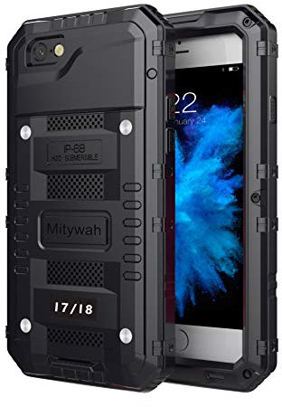 Mitywah iPhone 7 / iPhone 8 Case Heavy Duty Durable Metal Full Body Protective Case Built-in Screen Protection Waterproof Shockproof Dustproof Rugged Military Grade Defender, Black