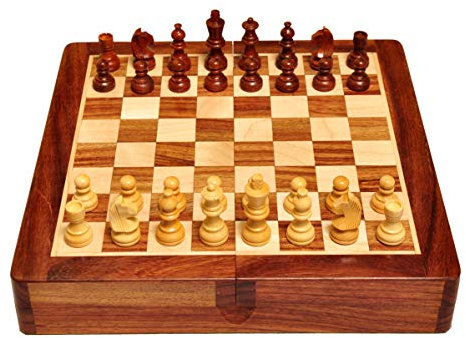 Palm Royal Handicrafts Schachbrett-Set aus Holz, 25,4 x 25,4 cm, aus Palisanderholz und Ahornholz. 25,4 x 25,4 cm, zusammenklappbar, Braun