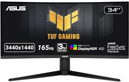 ASUS TUF Gaming VG34VQL1B 34” Curved HDR Monitor, WQHD (3440x1440), 165Hz, 1ms, Extreme Low Motion Blur, FreeSync Premium, Eye Care, DisplayPort HDMI USB, Height Adjustable, DisplayHDR 400, Black