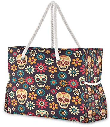 Mnsruu Strandtasche mit Baumwollseilgriffen, Blumen-Totenkopf, Reißverschluss oben, wiederverwendbare Einkaufstasche für Lebensmittel, Einkaufstasche, Wäschetasche, Mehrfarbig, Einheitsgröße
