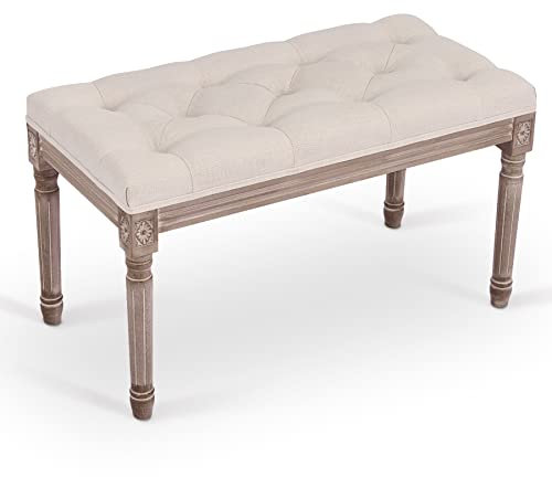 VONLUCE Banc de fond de lit avec siège rembourré et pieds en bois de caoutchouc, banquette capitonnée pour entrée couloir chambre à coucher salon (beige-80 x 42 cm)