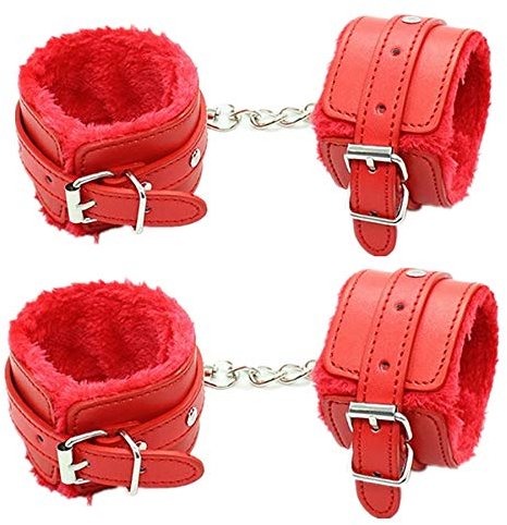 Plüsch Handschellen Fußschellen Bondageset Einstellbar Leder Bondage Set Erotik Handfesseln SM Sex Spielzeug für Paare [2 Pack] (Rot)