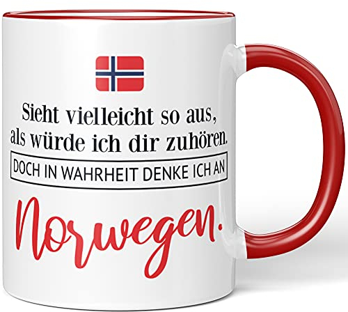 JUNIWORDS Tasse, Sieht vielleicht so aus, als würde ich dir zuhören. Doch in Wahrheit denke ich an Norwegen (1001317), Wähle Farbe, Rot