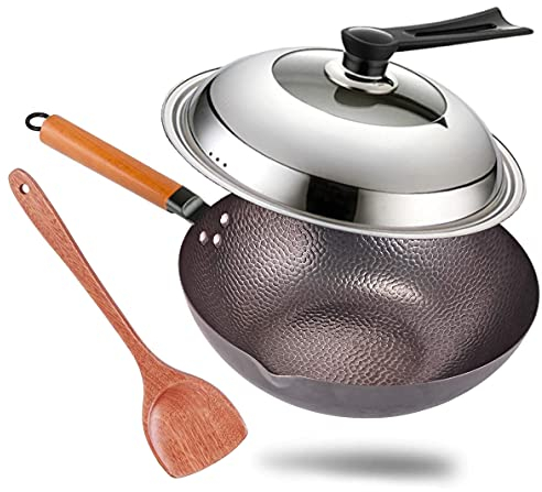 OWLHAUS Wok Karbonstahl – Deckel und Pfannenwender (31,8 cm) (Wok & Edelstahldeckel)