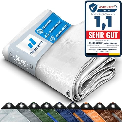 Floordirekt - Telone protettivo di copertura, per campeggio, barche, giardino e attività all’aperto, impermeabile, con occhielli, 6 x 8 m, 48m², 240 g/m², bianco