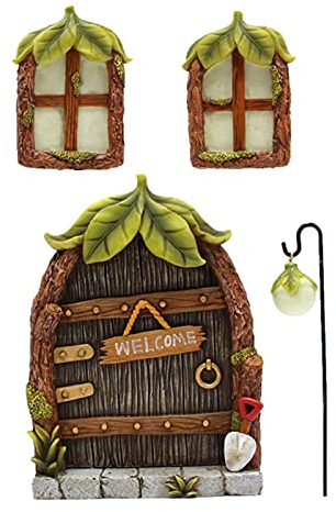 windyday Fairy Garden Dekoration Fairy Door Feentor Garten Tür Elfentür Miniatur Fee Haus Tür Fenster Leuchtenden Baum Garten Tür Kreative Leuchtende Baum Handwerk Set Für Bäume, Garten-Skulptur