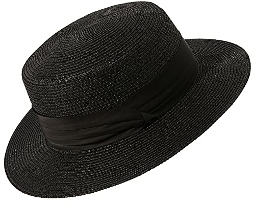 Lanzom Sun Hats for Women Wide Brim Straw Boater Hat Foldable Packable Beach Hat for Summer Fit Size 6 8/7-7 1/4, Black, M/L