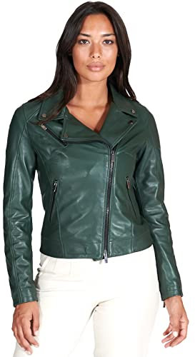 D'Arienzo Chiodo in Pelle Verde Donna Vintage Giacca Biker Giubbotto Moto Vera Pelle Made in Italy KBC S/Verde