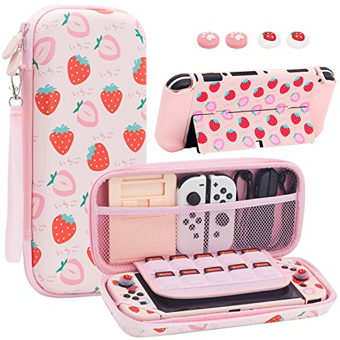 Switch Tasche Case für Nintendo Switch OLED Reisezubehör Tragetasche Kit mit Spieltasche und 2 Daumengriffkappen (OLED Rosa)
