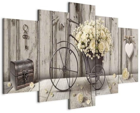 murando - Tableau décoratif 150x75 cm - Impression sur toile colorée - Décoration murale pour salon et chambre - Vert blanc marron - Bouquet bois fleurs vélo cœurs ancien n-C-0291-b-m