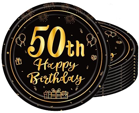 POPOYU 16pcs Black and Gold Paper Plates 50th, Happy Birthday Tableware Paper Plates 7 Inch,Happy 50th Birthday Decorations Plates for Men,Women,Him,Her 50thBirthday Gifts Party Supplies