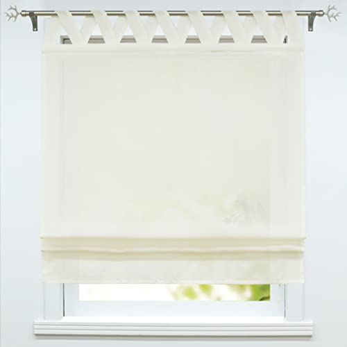 ESLIR Raffrollo mit Schlaufen Leinen Raffgardine Landhaus Schlaufenrollo Halbtransparent Küche Gardinen 1 Stück BxH 120x140cm Milchweiß