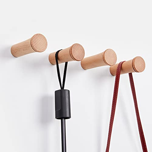 HomeDo 6Pack Wooden Coat Wall Hooks Wall Mounted,Decorative Single Organizer Hat Rack,Wood Heavy Duty Entryway Wall Hangers for Hanging Towels, Clothes, Bags (R3.5-Beech-10cm, 6P)