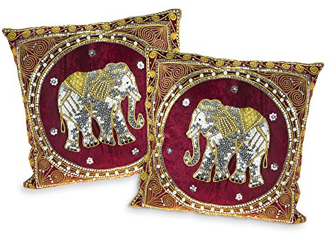 AeraVida Thai Elephant Embroidered Velvet Throw Pillow Cases Set of 2 Red | Embroidered Pillow Covers | Square Decorative Cushion Covers Pillow Cases | Velvet Throw Pillows Cases