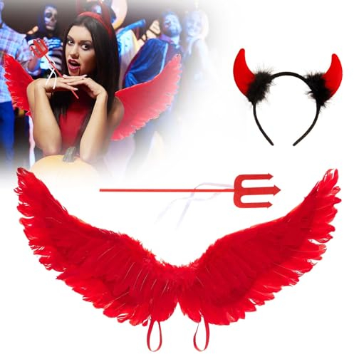 OWOAOOwl 3Pcs Engels flügel Kostüm,Teufelsohren,mit Dreizack,Teufel Ohren Haarband Haarreifen Fasching Karneval Halloween Party Kostüm Haarschmuck Stirnband Kostüm für Damen Herren & Kinder