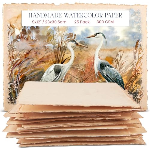 Wanderings Dickes Handgeschöpftes Vintage-Aquarellpapier mit Büttenrand – 23x30,5  cm – 300 GSM – Premium Antikes Kaltgepresstes Strukturpapier für Mixed Media aus Recycelter Baumwolle – 25 Blätter