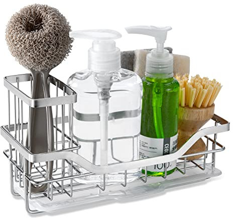 COCOBOSS Spülbecken-Caddy Küchenspüle-Organizer, Schwammhalter für Küchenspüle, Premium-Edelstahl, rostfrei, mit Abnehmbarer Abtropfschale und Rutschfester Stange – Silber (21,6 x 9,1 x 12,4 cm)