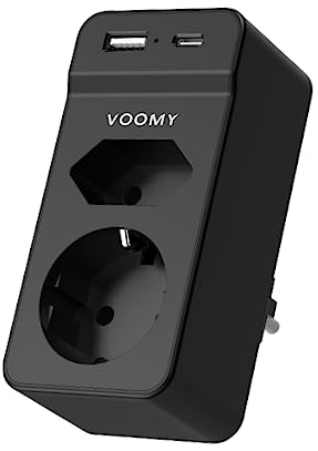 VOOMY 4-in-1 Doppelstecker für Steckdose mit USB-C Kabel, USB-A Stecker, Mehrfachsteckdose, USB Ladegerät, Steckdosenleiste, Wandmontage, Kompakter Verteilersteckdose, Ideal für Reiseadapter, Schwarz