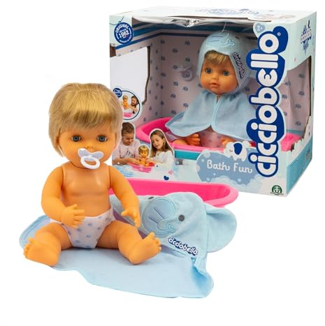 Cicciobello Bath Fun, muñeca de 30 cm con bañera, albornoz, pañal y tetina, juegos infantiles de 2 años, azul clásico con accesorios incluidos
