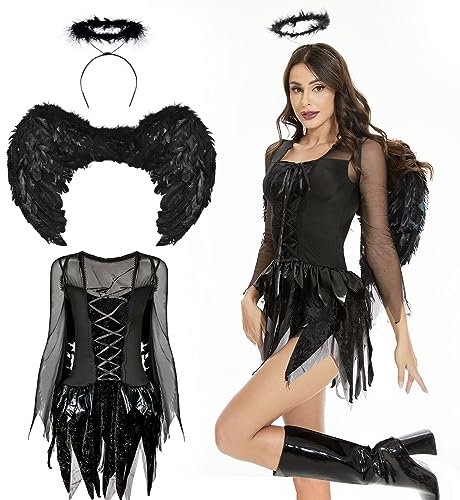 Herefun Disfraz Demonio, Disfraz Fallen Angel Incluye Alas, Vestido de Bruja y Aureola para Mujer y Niña, Disfraces de Vampiro para Halloween, Carnaval, Cosplay de Malefica (L)