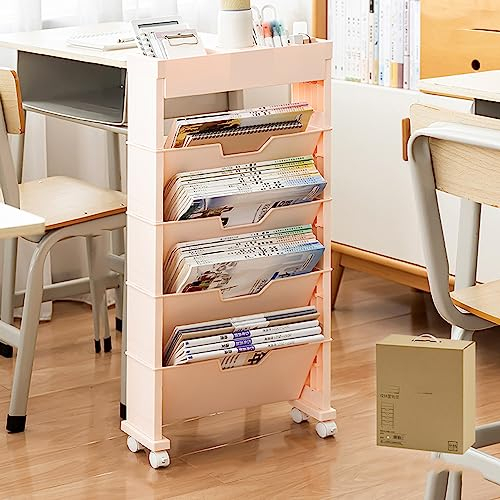 SXHEYUY Bücherregal Bücherschrank mit 6 Fächern, Schlanker Rollwagen Mit 3 Etagen, Regal Büroregal Raumteiler Hochschrank für Wohnzimmer Praktischer Aufbewahrungswagen, Nichenregal Auf Rollen,Rosa