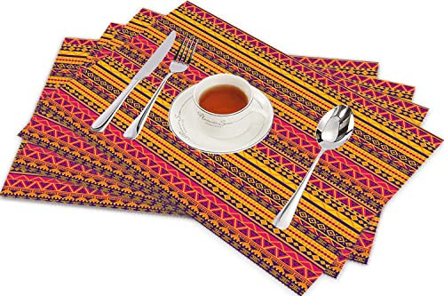 Set mit 4 Tischsets, Vektor-Ethno-Stil, Tribal-Indianer-inspiriertes Bild mit geometrischen Rändern, rutschfest, schmutzabweisend, hitzebeständig, Tischmatten für Esszimmer, Zuhause, Innendekoration,