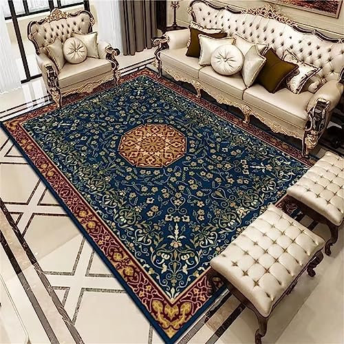 RUGMRZ Terrasse Deko Area Rug Blaues Blumen Sofa Teppich Wohnzimmer Zubehör Retro-Stil Auslegware 90 x 190 cm