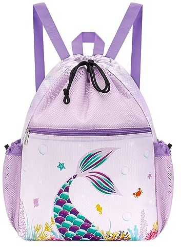 WAWSAM Kinder Mesh Rucksack - Meerjungfrau Kordelzug Rucksack für Mädchen Mesh Gym Bag mit Reißverschluss Tasche Kinder Turnbeutel für Schwimmen Yoga Reisen