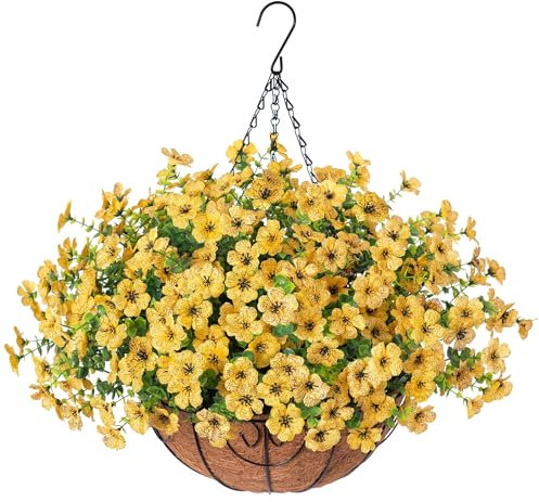 HyeFlora Artificial Fake Fall Hanging Mums Plants Flowers Basket for Outdoor, Autumn Faux Silk Yellow Daisy in Hang Planter Look Real UV Resistant for Porch Home Patio Balcony Yard Decor