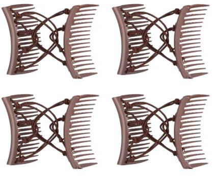 Lot de 4 Pinces à Cheveux élastiques à Double Peigne Extensibles pour Cheveux épais Peignes Magiques Vintage réglables Accessoires de Coiffure Café