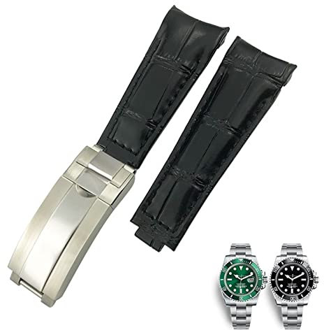BUDAY 20mm Curved End Watchbands Leather Strap Fit for Rolex 116610 Submariner Oyster GMT Daytona Slide Lock Buckle Cowhide Bracelets (Color : Black, Size : 20mm-Black Buckle)
