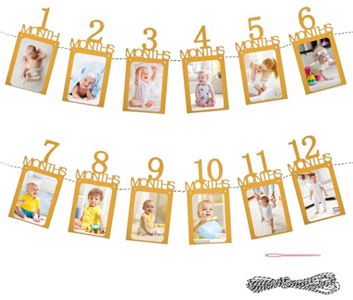 Wisebom Banner de Foto de Cumpleaños, Guirnalda de Primer Cumpleaños para Bebé, Bebé Primer Año Marco Bunting Guirnalda, Guirnalda de 1 a 12 Meses, Decoración de Fiesta para Cumpleaños del Bebé