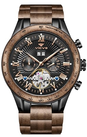 VICVS Orologio sportivo da uomo automatico noce naturale con data, orologio automatico multifunzionale in legno (Black)
