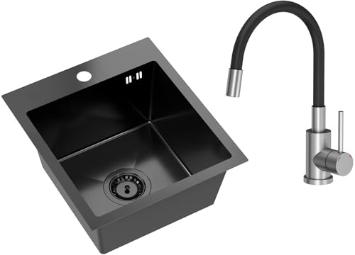 VBChome Edelstahlspüle mit Armatur 40 x 45 cm Schwarz Edelstahl Einbauspüle mit Hahnloch Küchenspüle Spüle Groß Becken Ablaufgarnitur Siphon Edelstahlspüle Schwarz Armatur mit Flexiblem Auslauf