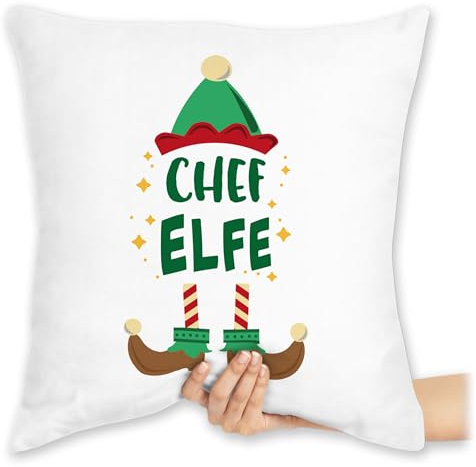 Kissen 40x40 Zierkissen - Weihnachtskissen Christmas Geschenke - Weihnachten Chef Elfe I Weihnachtself - 40 x 40 cm - Weiß - mit weihnachtsmotiv weihnacht elf weihnachts elfen xmas chef-elfe