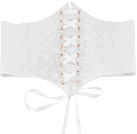 MAYJOYDIY Cintura in vita a corsetto elastico con lacci vintage per donne in pizzo trasparente all'uncinetto con petali di nastro legata, bianco, 690mm×219mm