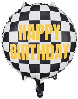Folienballon Happy Birthday 35cm - Zielflagge Ballon für Helium oder Luft - Folienballon Happy Birthday Schachbrett 45cm - Schwarz Weiß