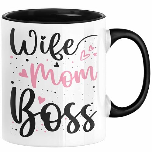 Wife Mom Boss Tasse Geschenk Mutter Mama zum Muttertag Muttertagsgeschenk (Schwarz)