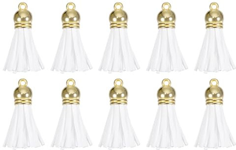 QUARKZMAN 30Pcs 1.5 Pouce Charme Porte-Clés à Pompons en Cuir avec Capuchon Doré pour la Fabrication de Bijoux de Bracelets Pendentifs, Décoration Artisanale DIY, Blanc