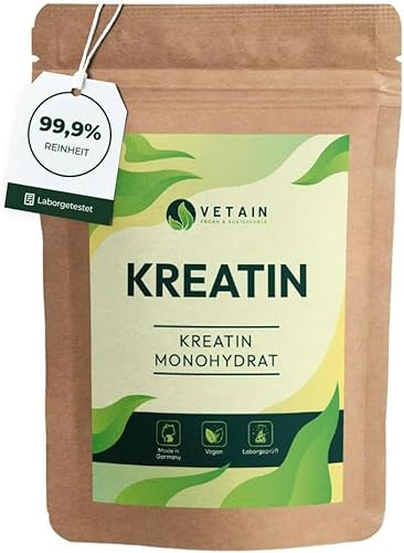 VETAIN Kreatin Monohydrat - 500g reines Pulver (Meshfaktor 200) - 100 Portionen Creatine Monohydrate - hochdosiert - vegan & ohne unnötige Zusätze - produziert & laborgeprüft in Deutschland