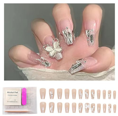 FineInno 24 Pièces Faux Ongles longs carrés,presse sur ongles cercueil, butterfly press on nails avec Autocollants Adhesif Rose Gradient Acrylique faux ongles pour femmes et filles