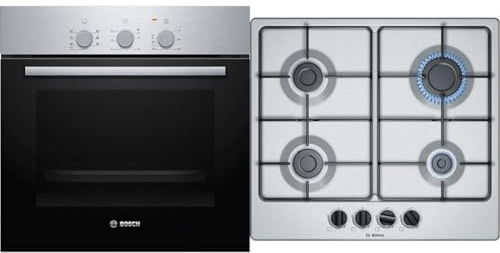 Bosch HBF011BR0 Serie 2, Forno da incasso, Aria Calda 3D & Bosch Serie PGP6B5B85, Piano cottura a gas, Manopole a ponticello: controllo ergonomico, 4 fuochi, Acciaio, 60 cm