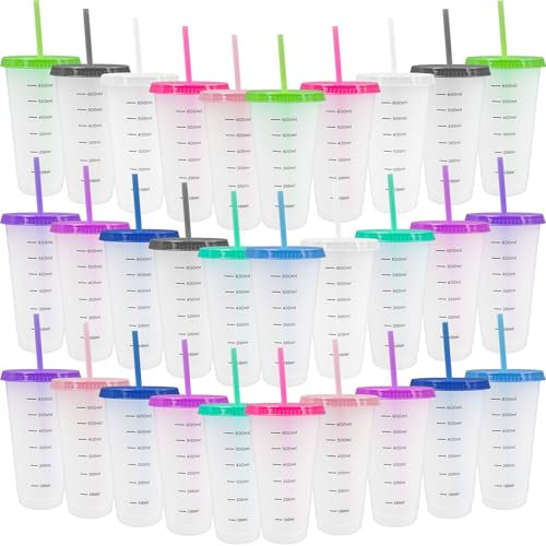MSYU 30 Pack Clear Plastic Tumbler with Straws and Lids 24oz Reusable Graduated Plastic Cups, Water Bottle Travel Iced Coffee Cup for Party Birthday, 10 Colors